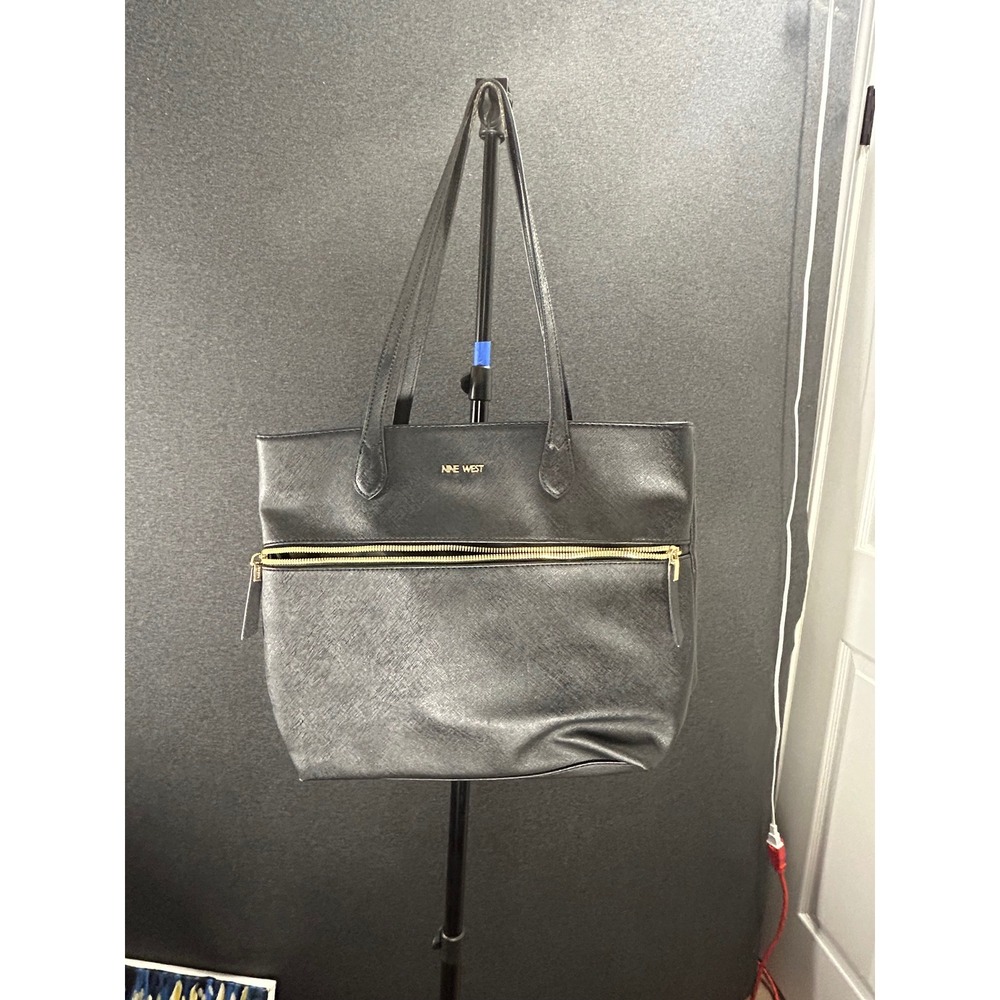 Nine West Black Saffiano Faux Leather Tote Bag Gold Hardware Zip Pocket Mens